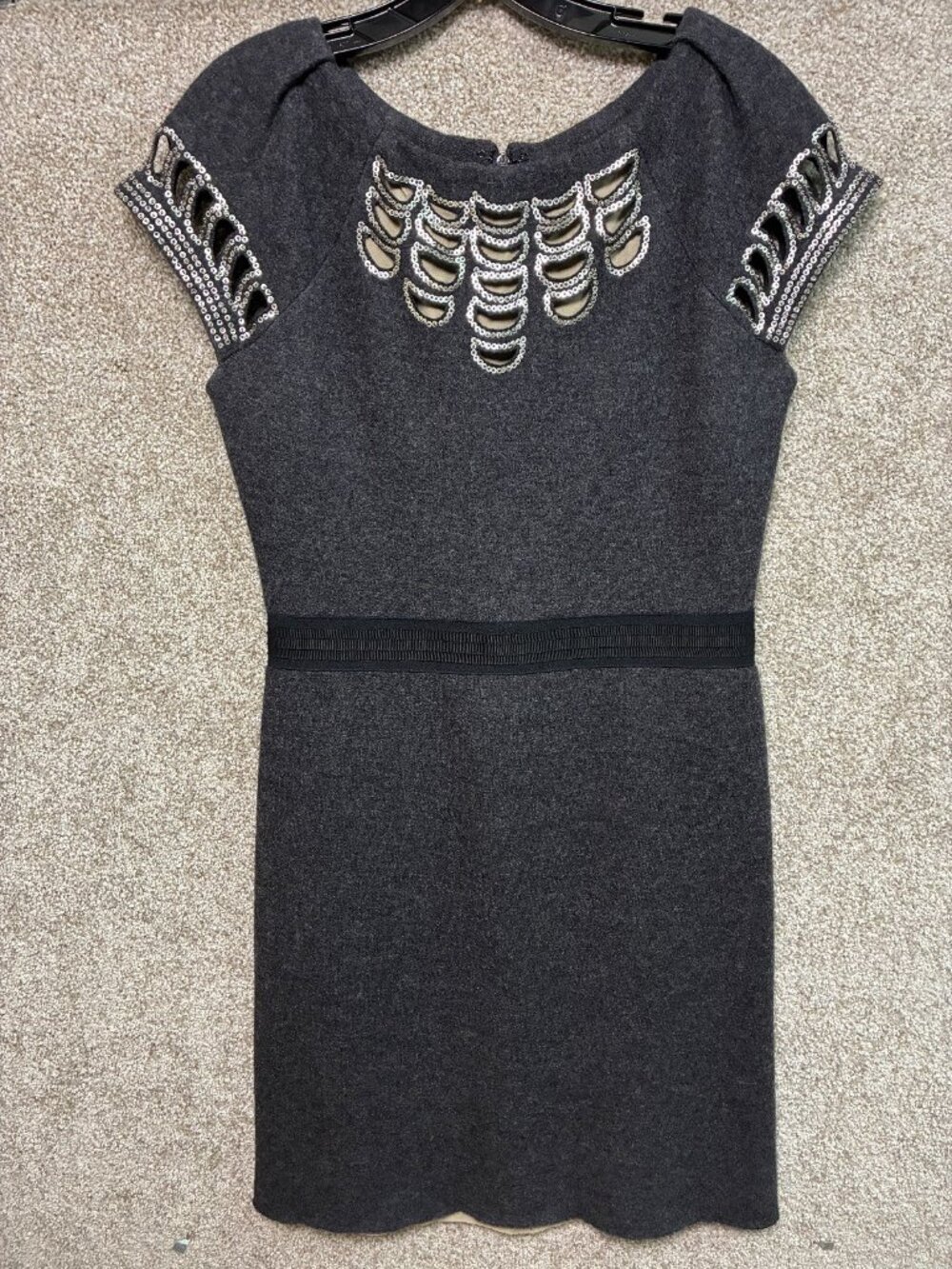 Tory Burch Womens M Wool Sheath Dress Gray Sequin Cutout Embellished Cocktail